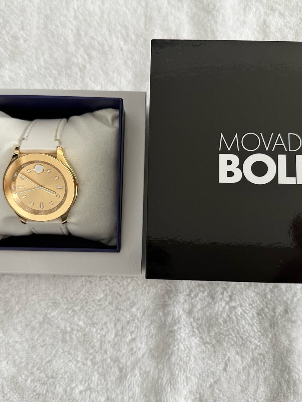 Movado Gold Dial White Leather Strap Watch